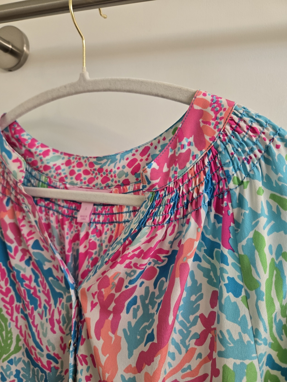 Lilly Pulitzer Elsa Silk Top Let's Cha Cha Pink Multi Coral-Print, Size L - Picture 4 of 15